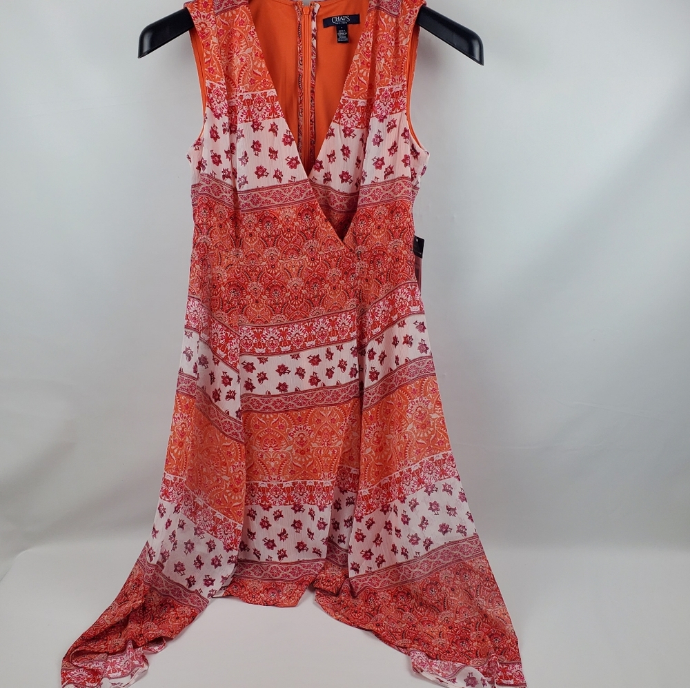 Chaps Boho Floral Sleeveless Asymmetrical Orange Red, & Pink Dress Size 4 NWT